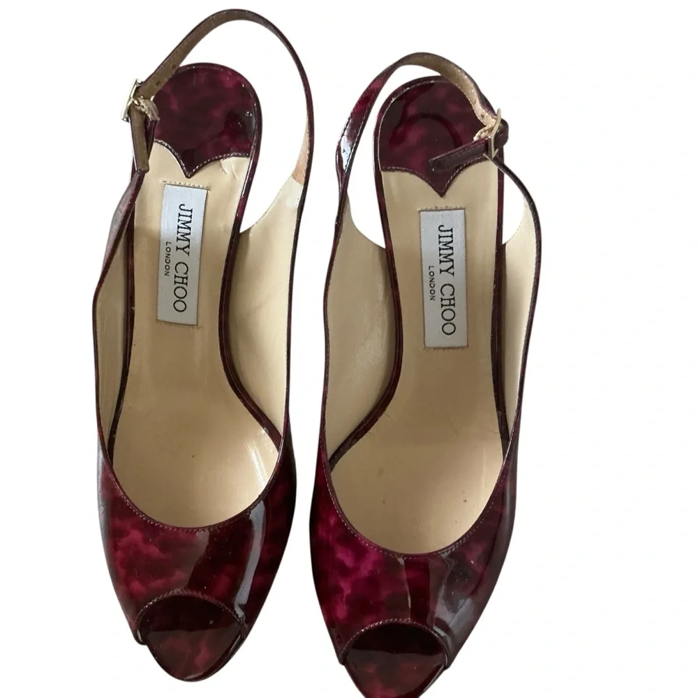 Jimmy Choo patent peep toe slingback platform heel shoes plum tortoiseshell 40